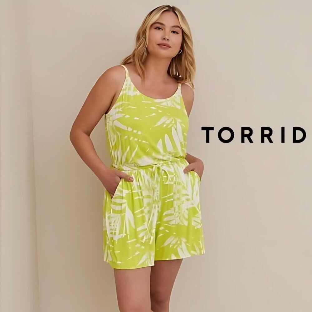 Torrid Lime Green Tropical Print Plus Size Mini Super Soft Romper Size 2